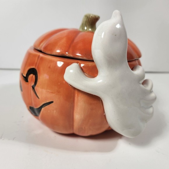Vintage Halloween Candy Jar Fitz & Floyd 1987 Pumpkin Ghost Black Cat 7 inch - Picture 4 of 9